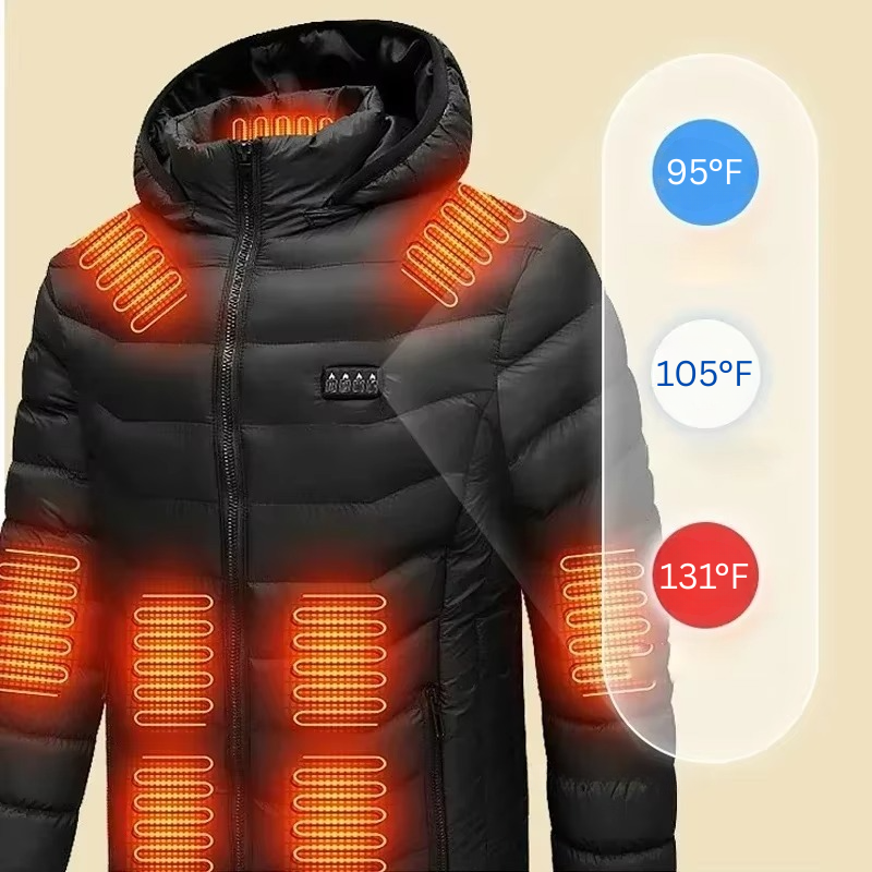 Men Heated Puffer Jacket with Power Bank Connection and Adjustable Heat Zones