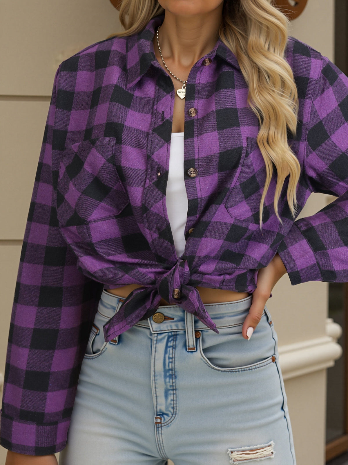 Button Up Buffalo Check Shirt with Chest Pockets and Relaxed Fit