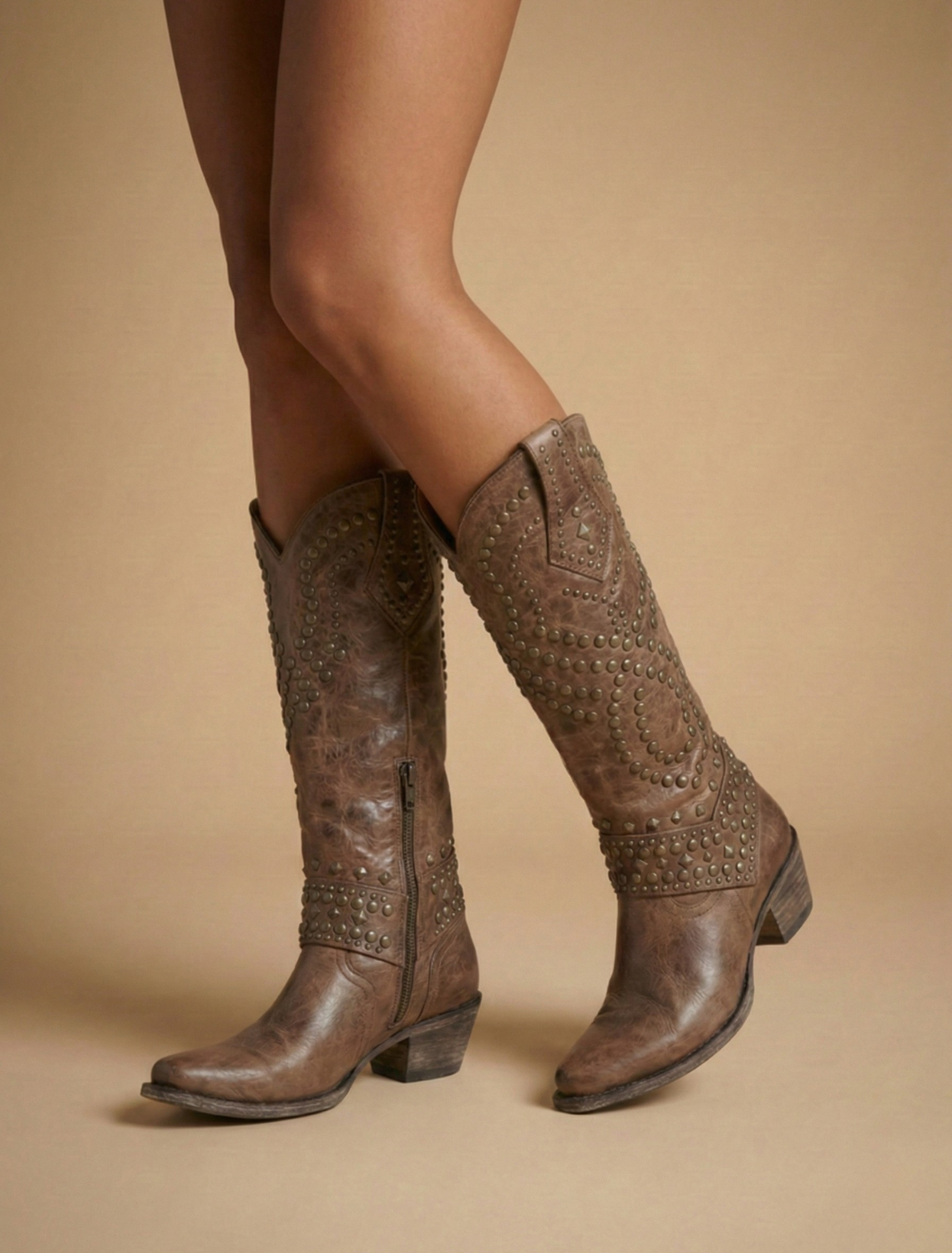 Women’s Knee-High Western Boots with Stud Detailing and Block Heel