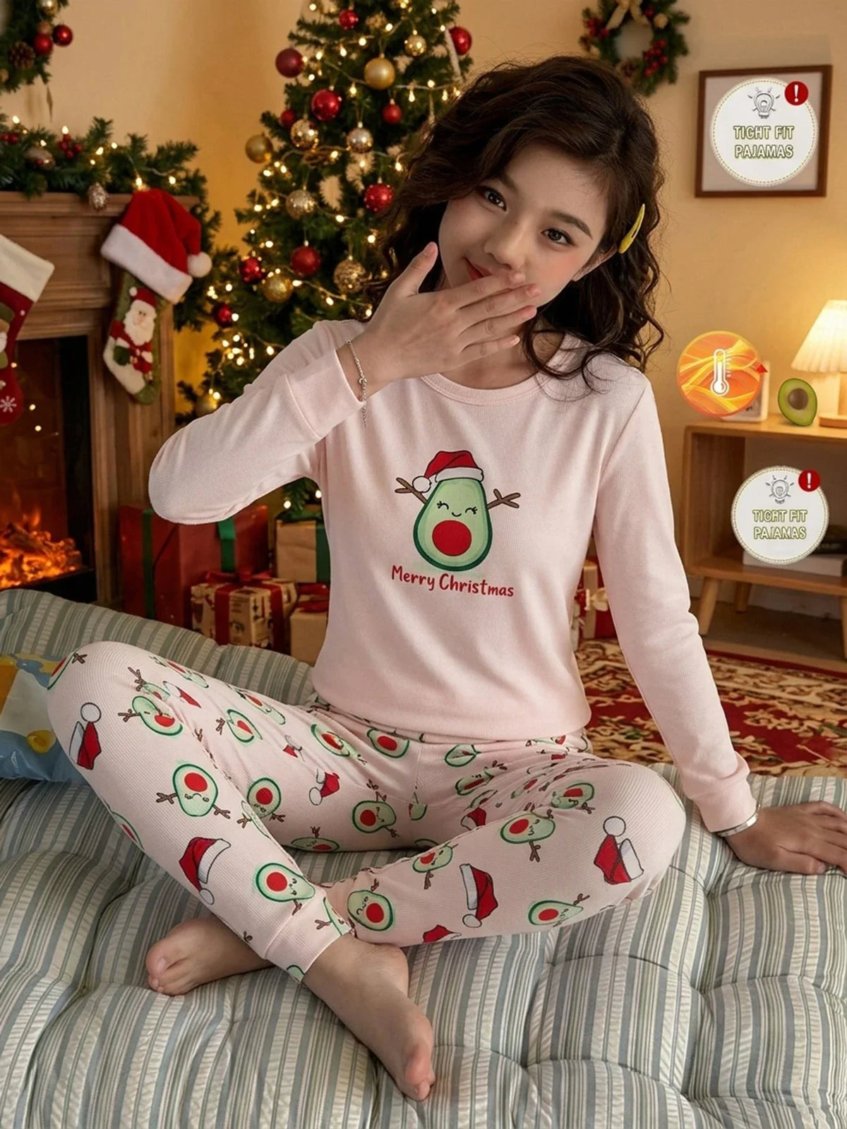 Women's Long Sleeve Pajama Set with Fruit Print and Elastic Waistband