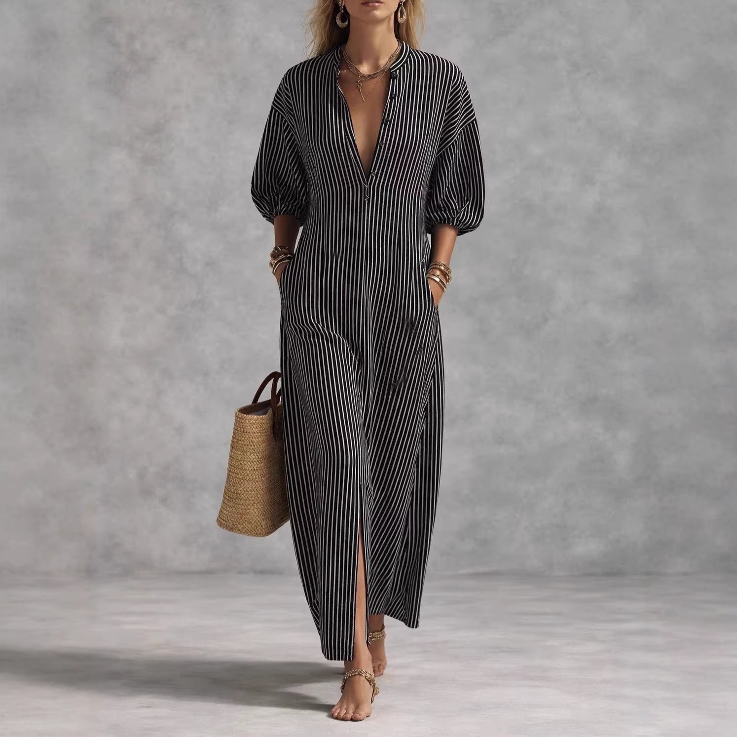 Women's Striped V-Neck Maxi Dress - Half Sleeve - Front Slit - Pockets