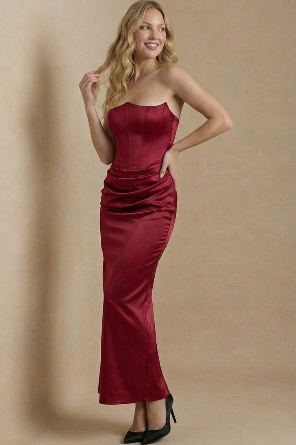 Women’s Strapless Maxi Dress with Corset Bodice and Draped Waist Elegant Evening Style