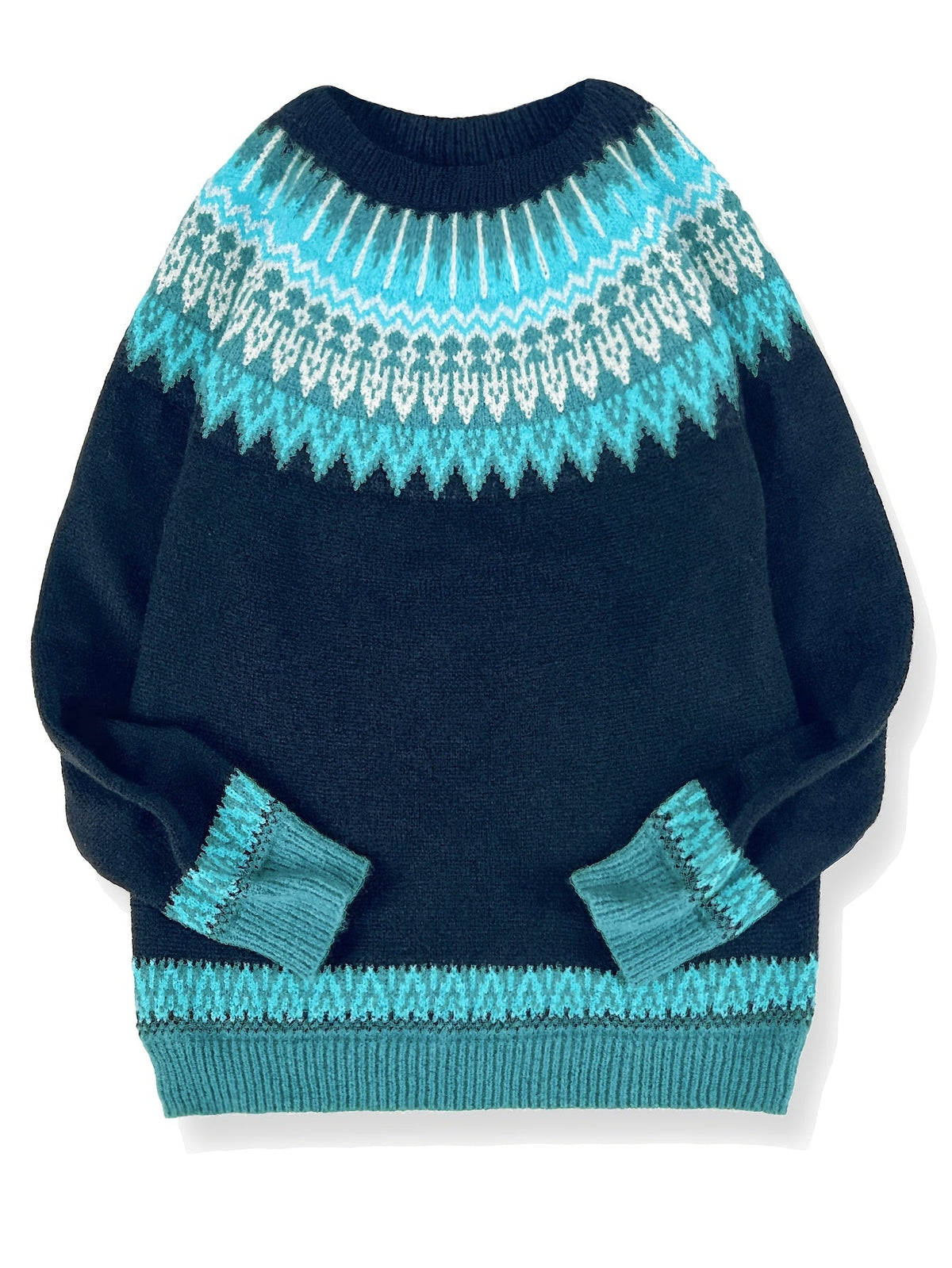 Chunky Knit Sweater with Jacquard Weave Pattern and Round Neck, Hip Length