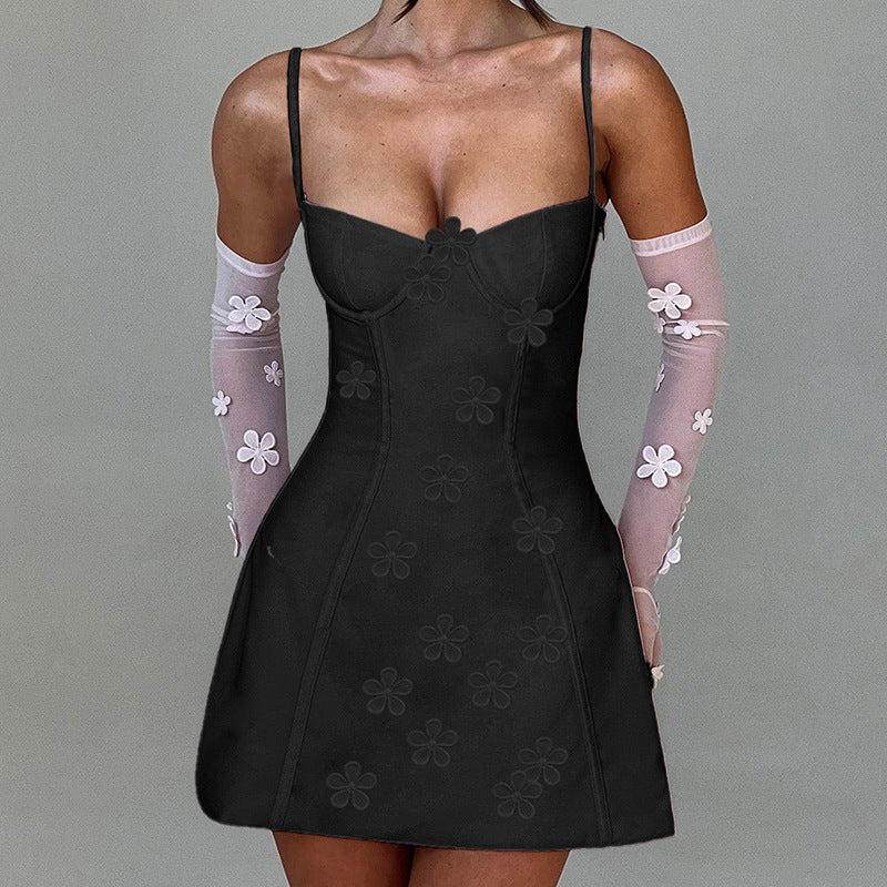 Women's Spaghetti Strap Mini Dress - Sweetheart Corset Bodice - Floral Applique Detail