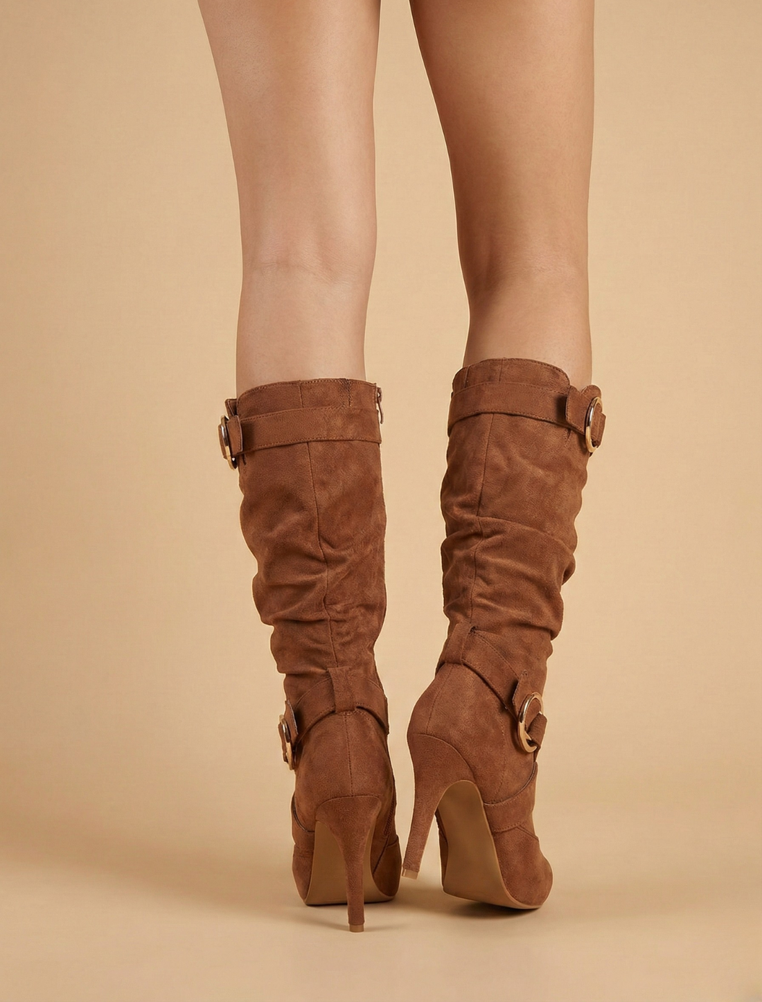 Women’s Slouchy Knee-High Stiletto Boots with Decorative Buckle Detailing