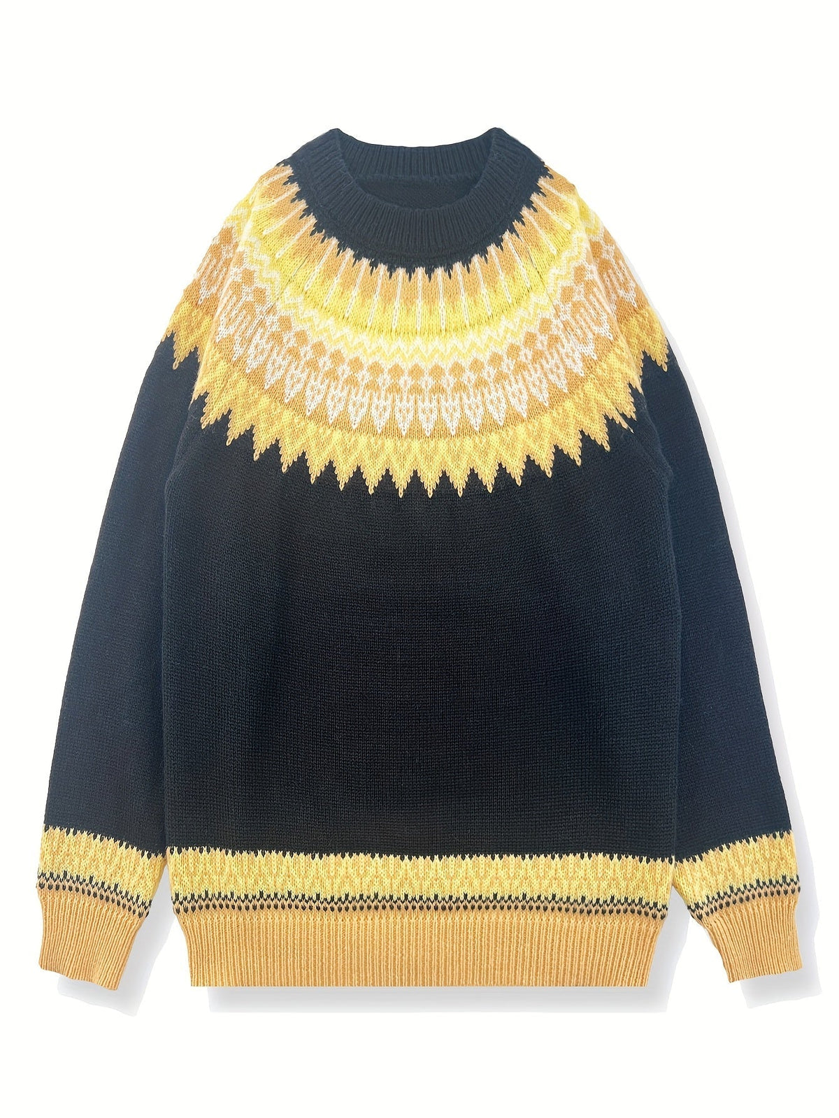 Chunky Knit Sweater with Jacquard Weave Pattern and Round Neck, Hip Length