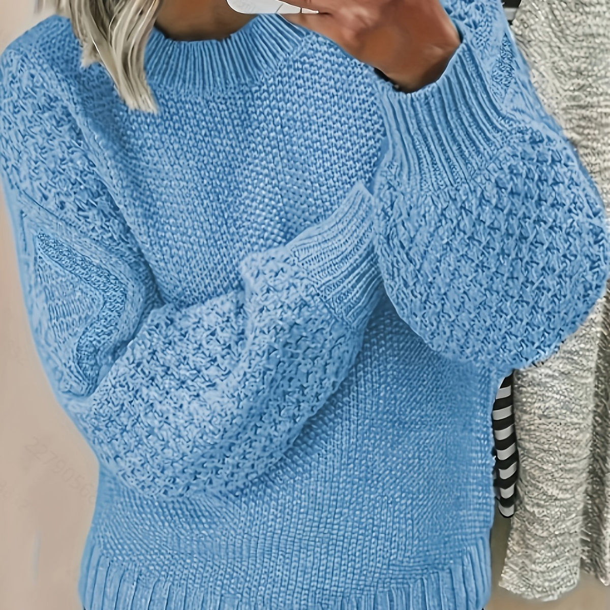 Oversized Knit Sweater with Lantern Sleeves and Hip Length