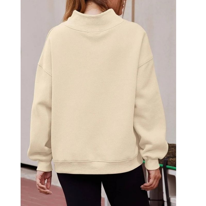 Women's Mock Neck Sweatshirt with Fleece Lining and Drop Shoulder Design, Asymmetric Slit