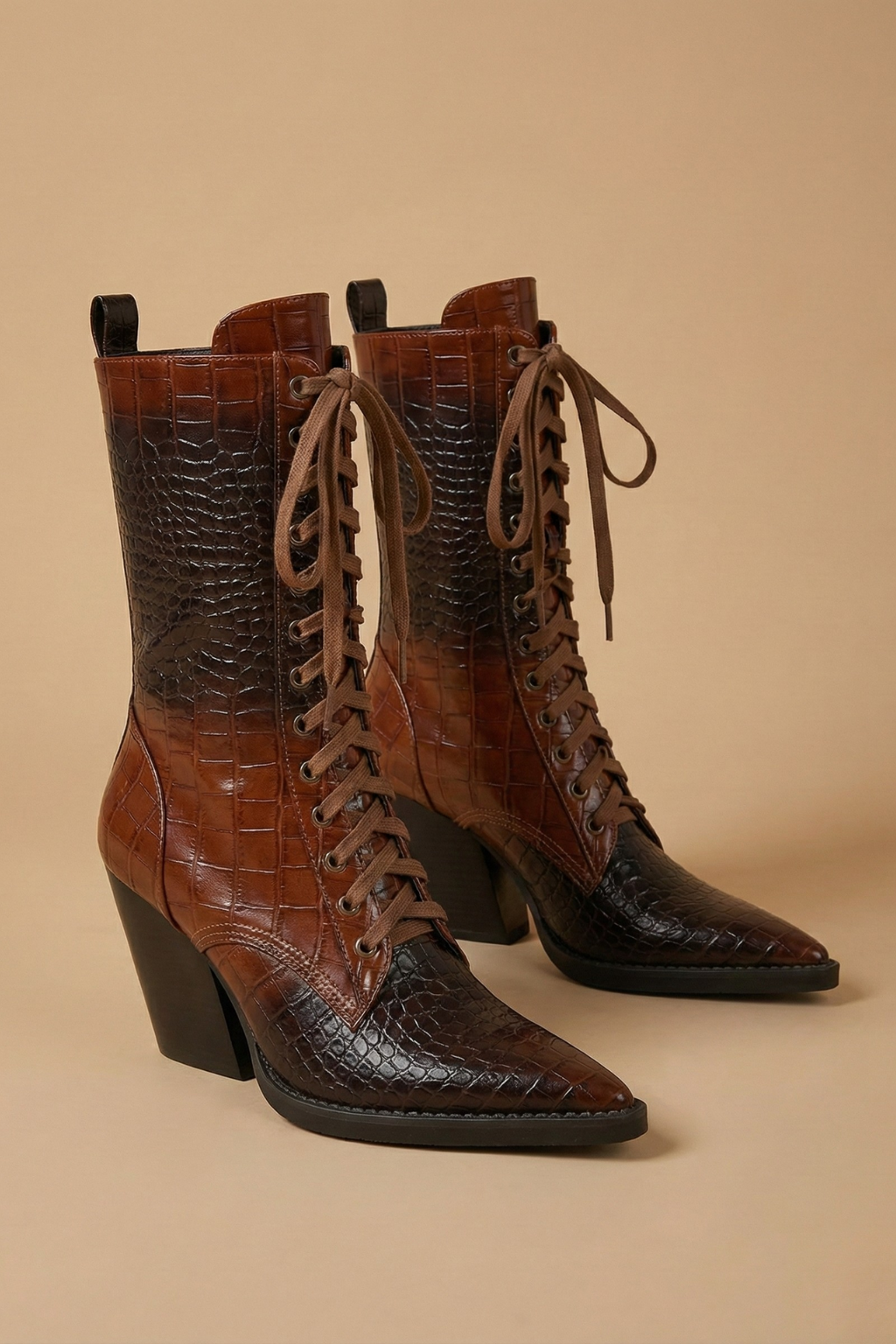 Women Lace Up Ankle Boots - Block Heel Pointed Toe Statement Design