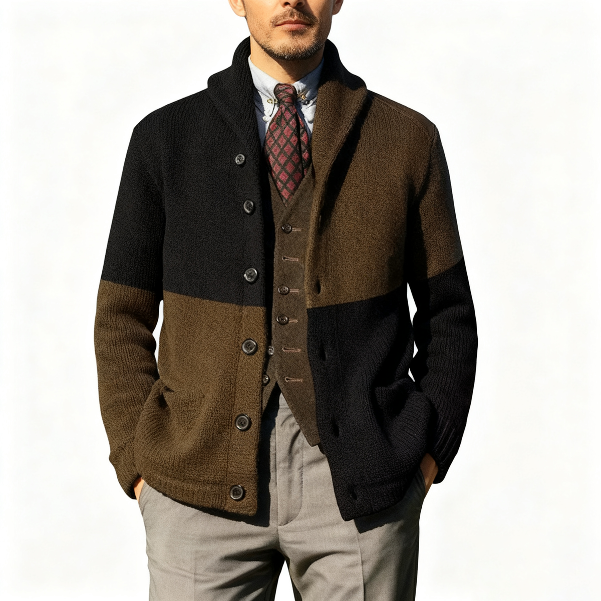 Knitted Jacket with Patchwork Color Blocking and Lapel Collar for Three Season Wear