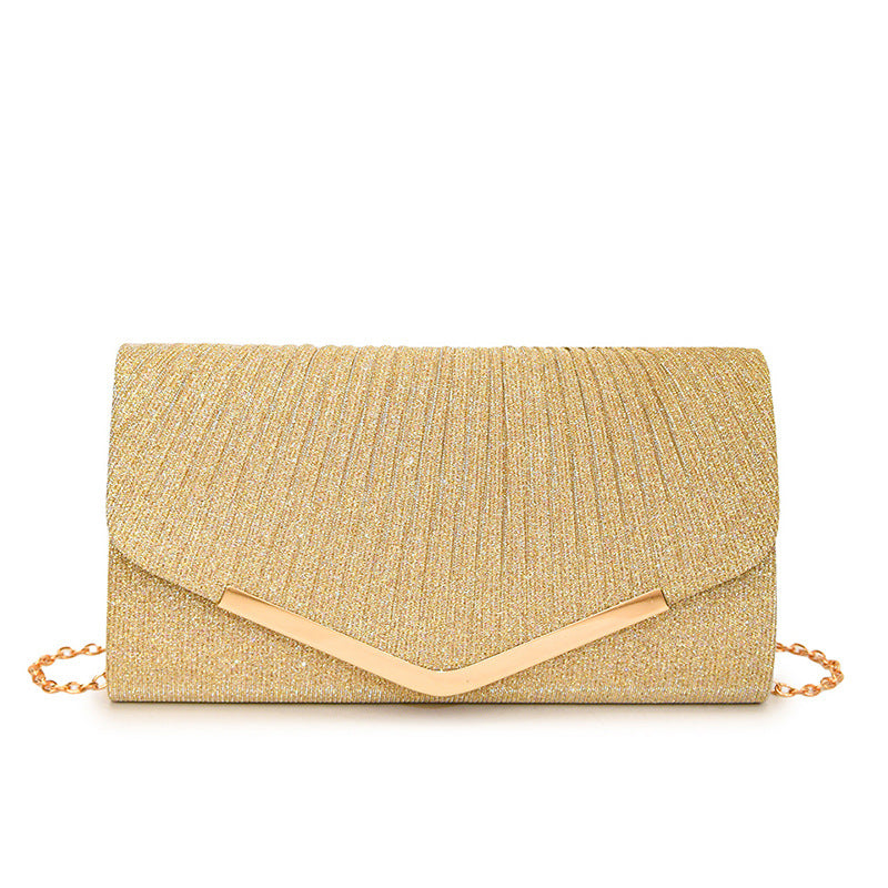 Women's Glitter Pleated Clutch Bag Envelope with Gold Chain Strap