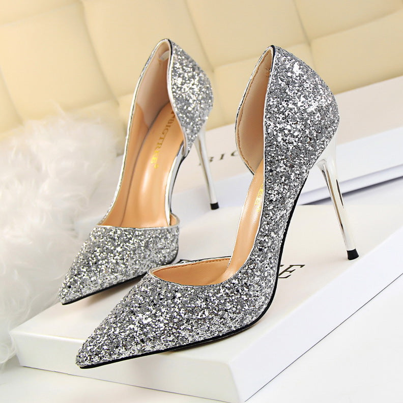 Women's Glitter Stiletto Heels - Pointed Toe - D'Orsay Cut - Slip On