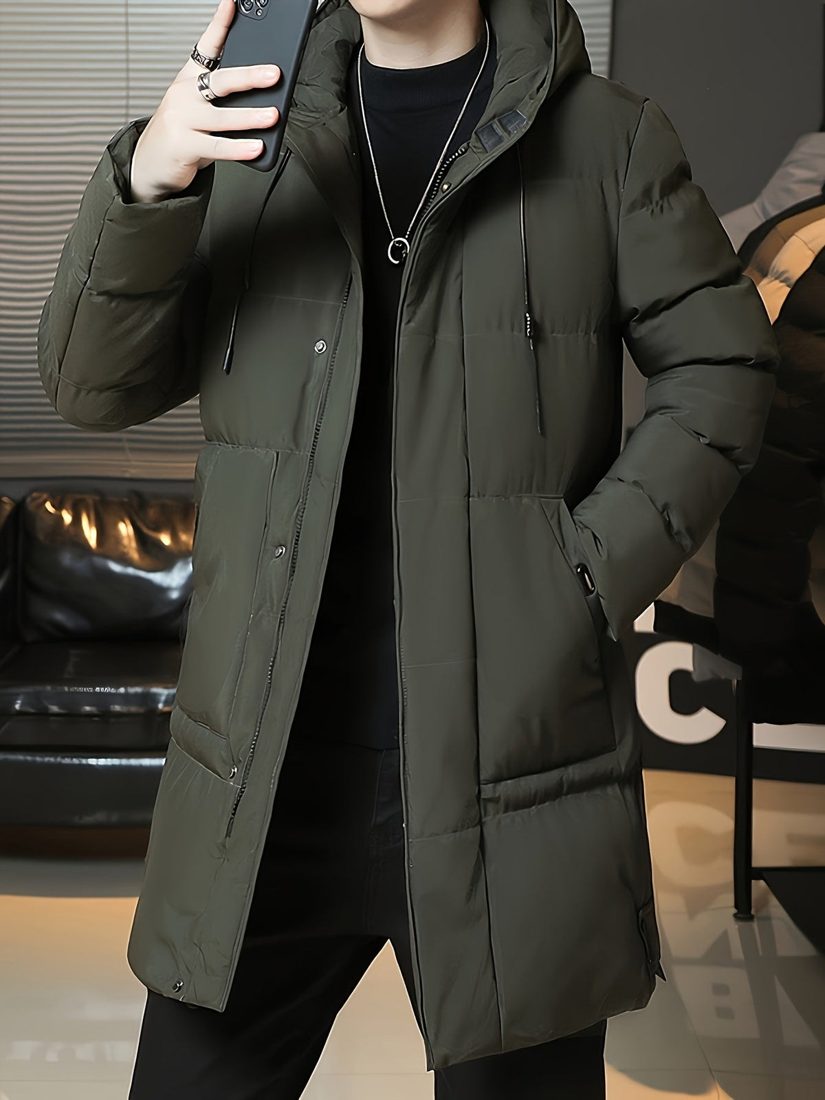 Padded Longline Coat with Adjustable Hood and Full Zipper