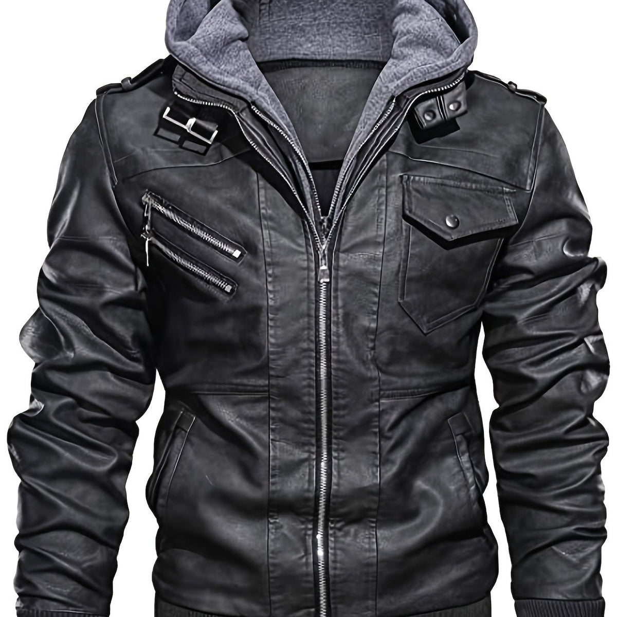 Biker Jacket with Snap-On Hood and Zippered Side Pockets