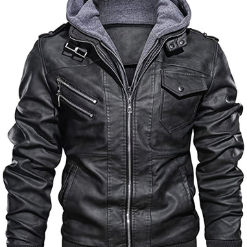 Biker Jacket with Snap-On Hood and Zippered Side Pockets
