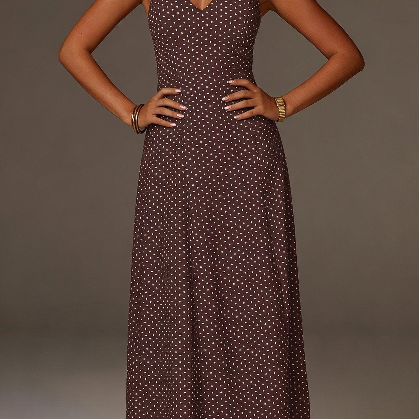 Women's Coffee Polka Dot Halter Neck Maxi Dress with Plunge Front and Smocked Back