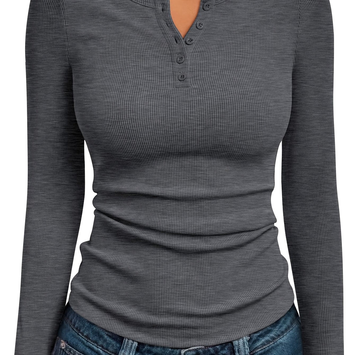 Long Sleeve Henley Top with Button Neckline and Ribbed Texture