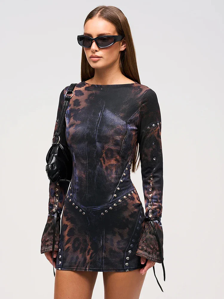 Women's Tie Dye Faux Leather Studded Corset Long Sleeve Mini Dress