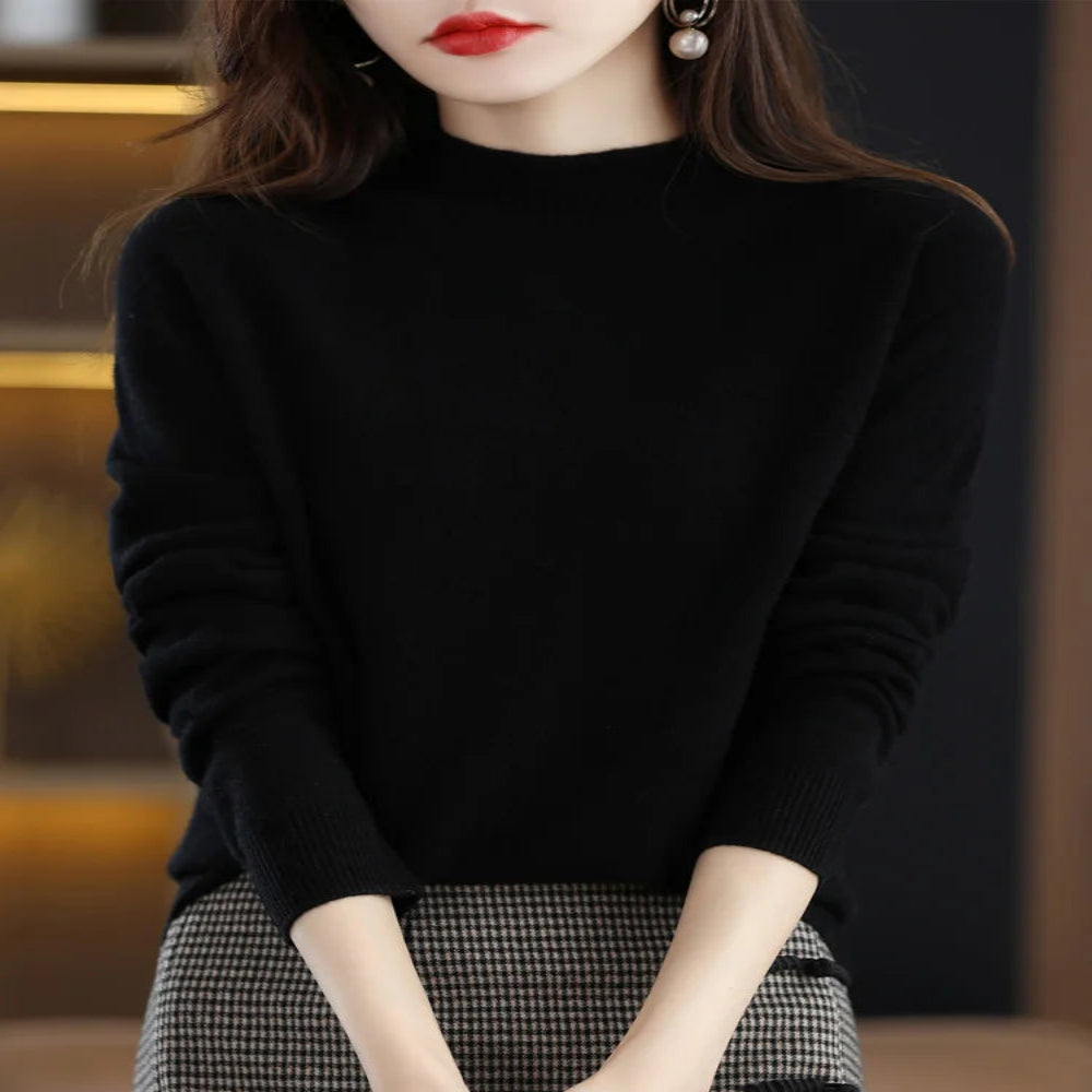 Women's Mock Neck Pullover with Ribbed Detailing and Relaxed Fit