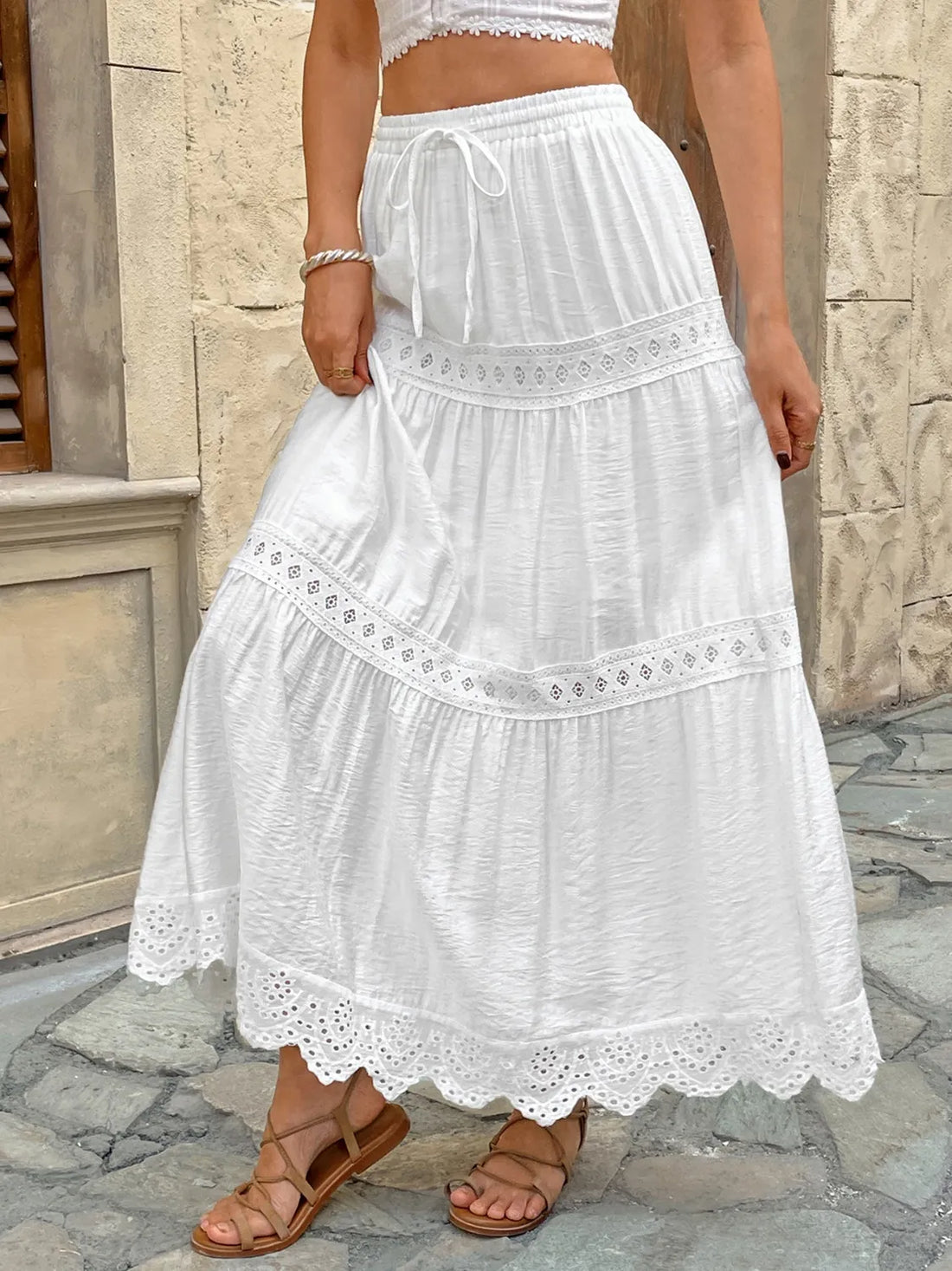 Women's White Tiered Lace Trim Maxi Skirt - Drawstring Waist