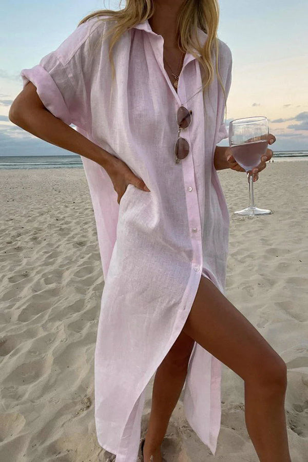 Women's Linen Button-Front Short Sleeve Shirt Maxi Dress
