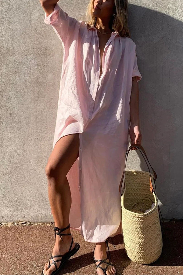 Women's Linen Button-Front Short Sleeve Shirt Maxi Dress