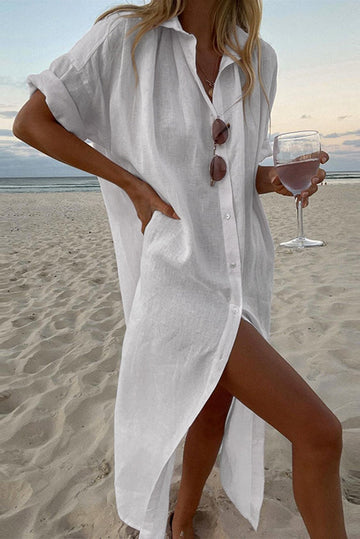 Women's Linen Button-Front Short Sleeve Shirt Maxi Dress