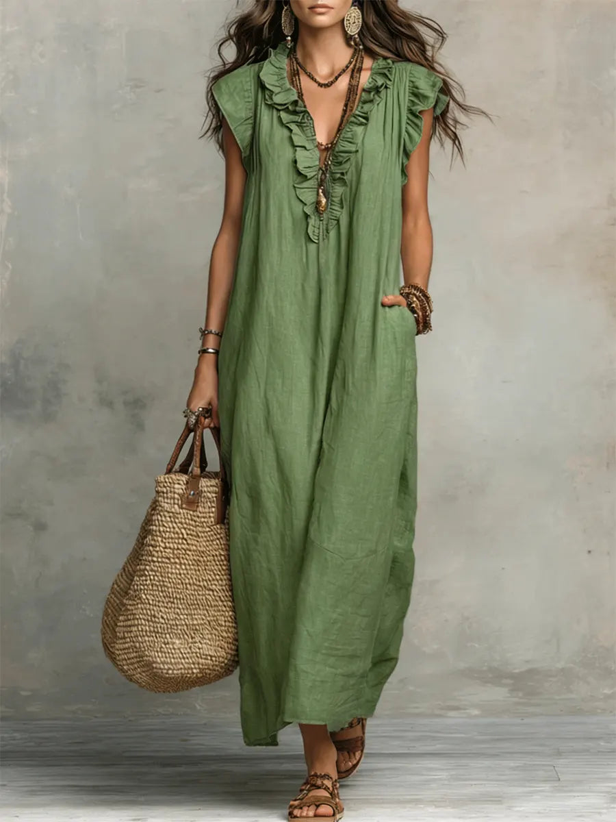Women's Maxi Dress Ruffle Neck Relaxed Fit
