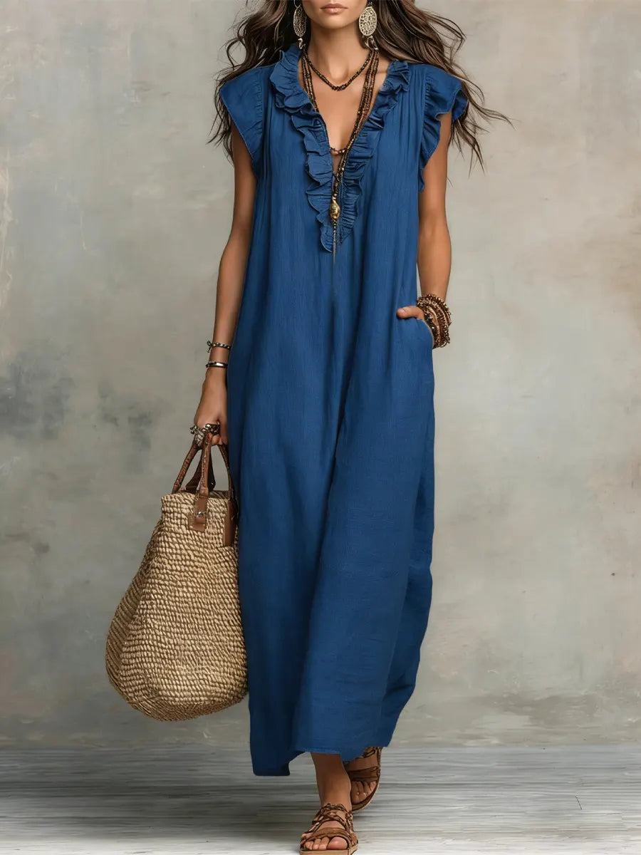 Women's Maxi Dress Ruffle Neck Relaxed Fit