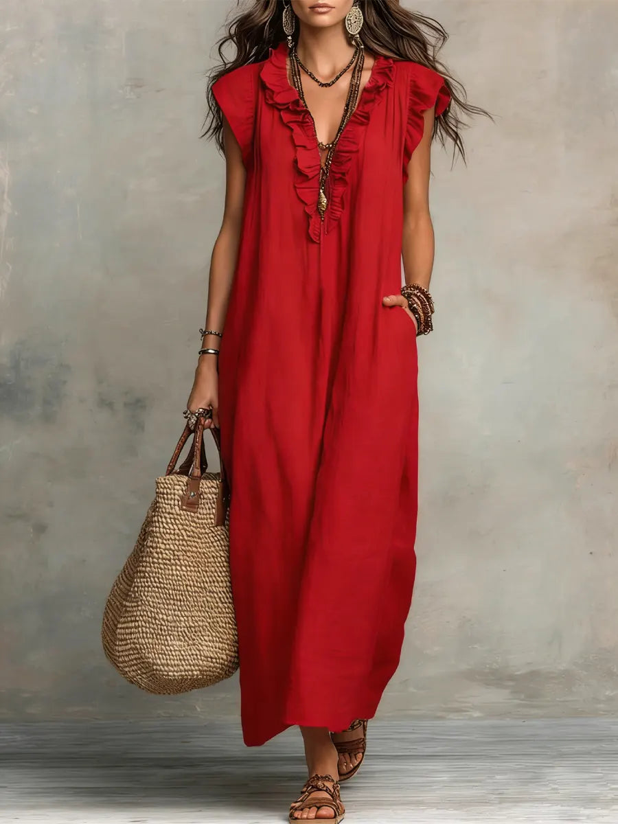 Women's Maxi Dress Ruffle Neck Relaxed Fit