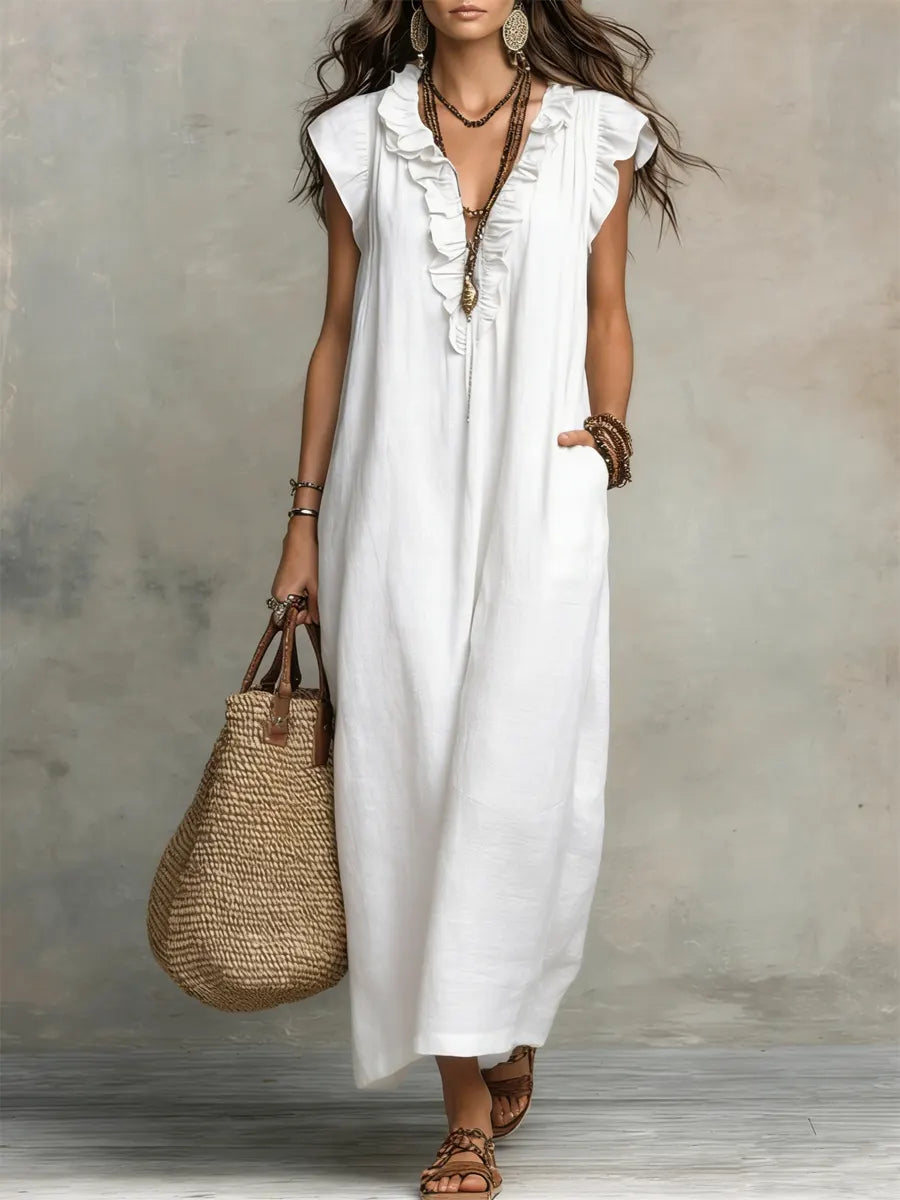 Women's Maxi Dress Ruffle Neck Relaxed Fit