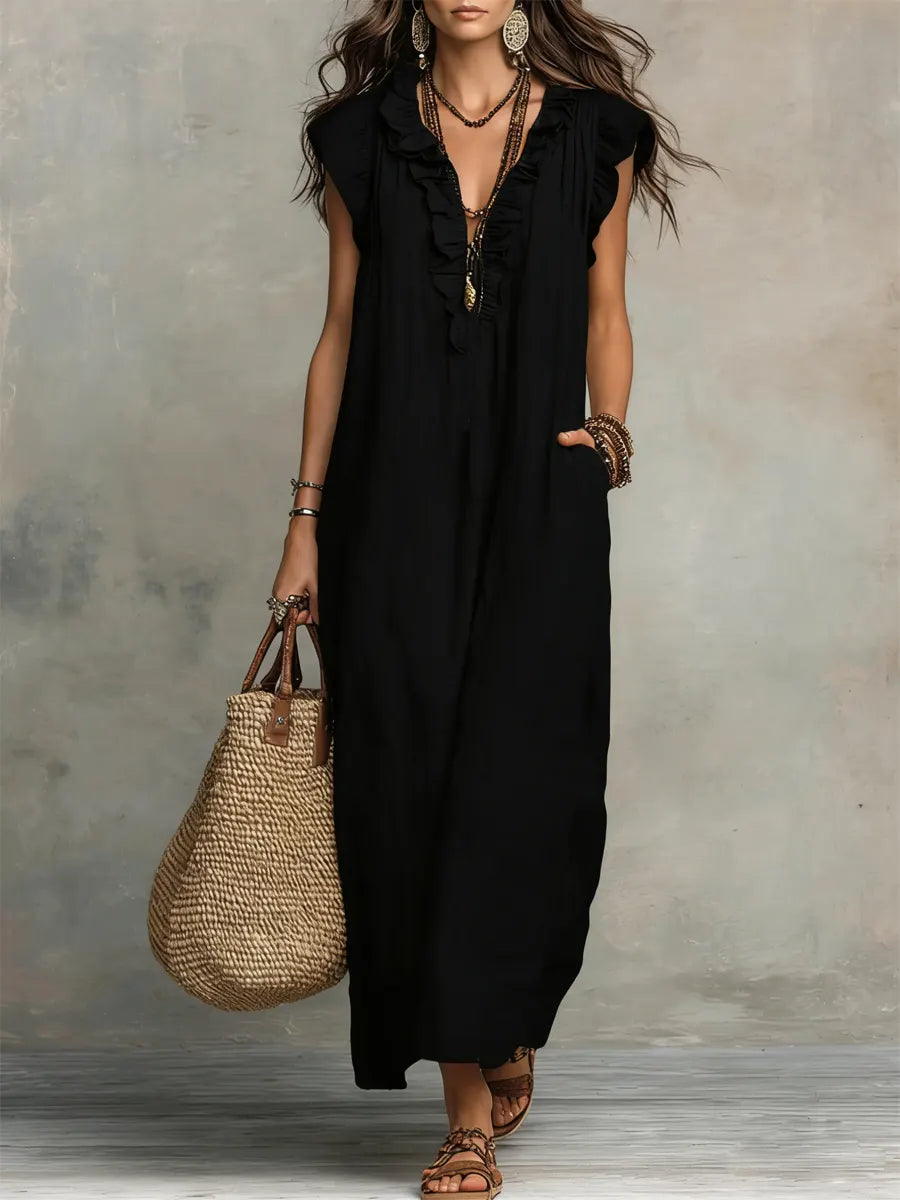 Women's Maxi Dress Ruffle Neck Relaxed Fit