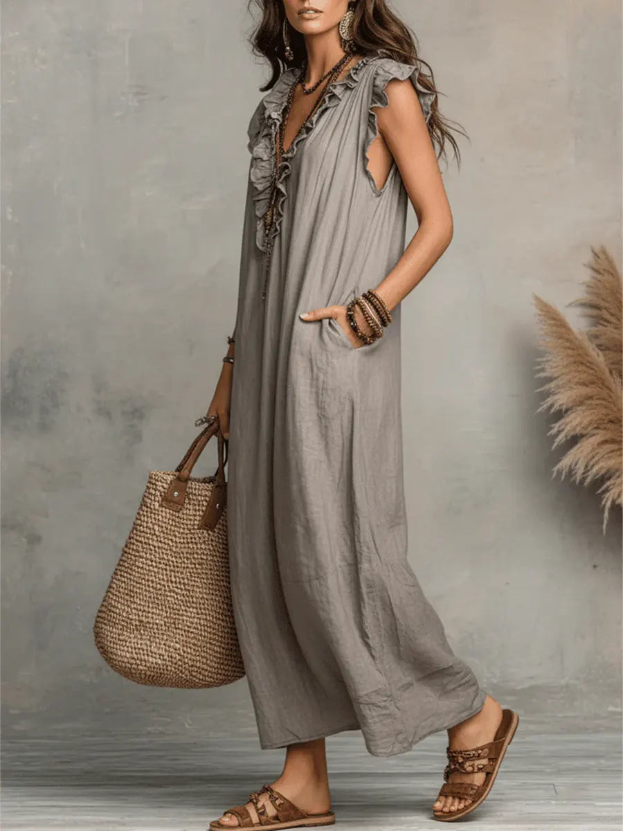 Women's Maxi Dress Ruffle Neck Relaxed Fit