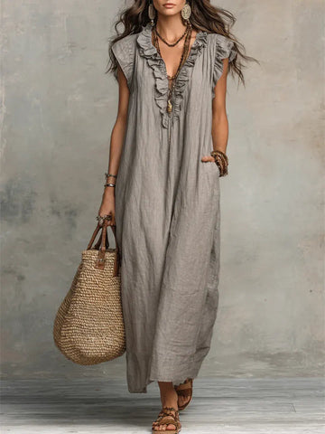Women's Maxi Dress Ruffle Neck Relaxed Fit