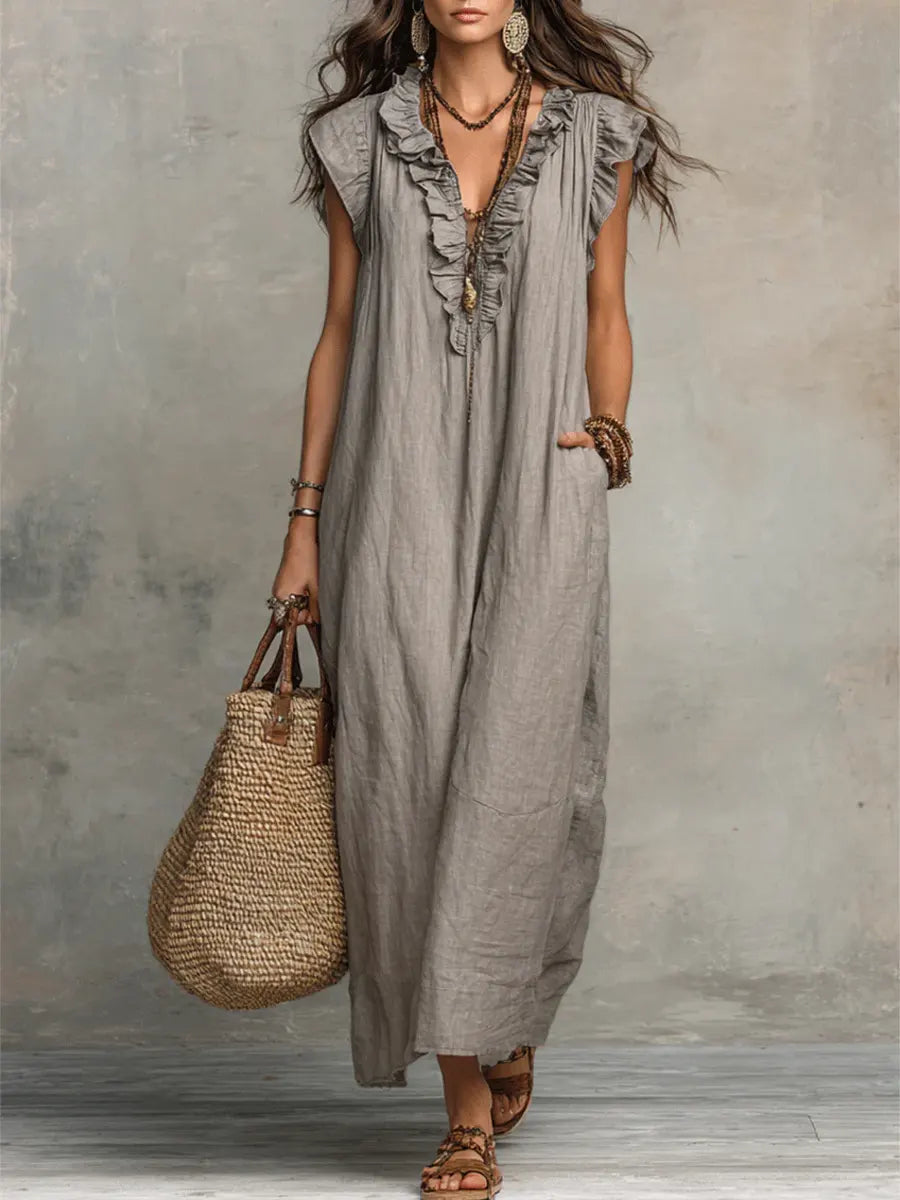 Women's Maxi Dress Ruffle Neck Relaxed Fit