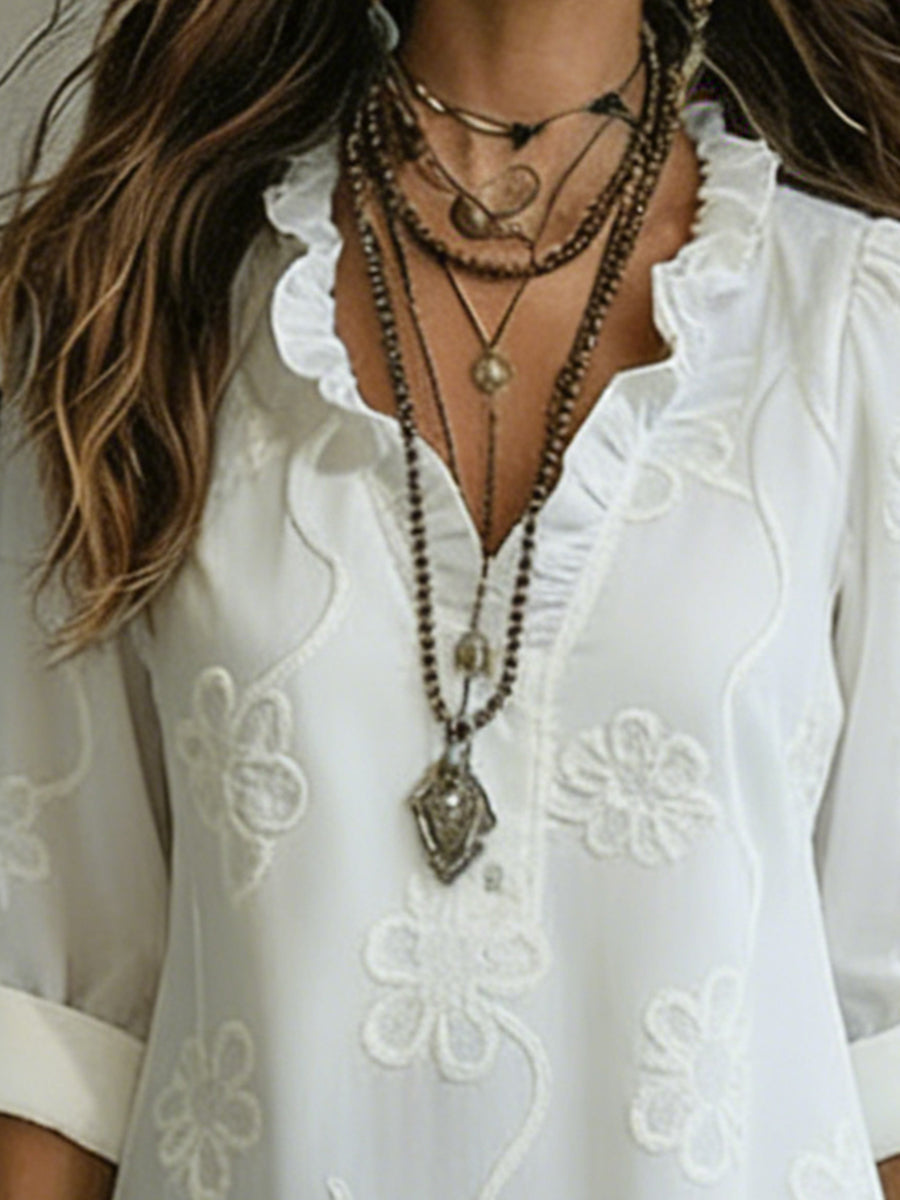 Women's Floral Embossed Maxi Dress Ruffle Collar