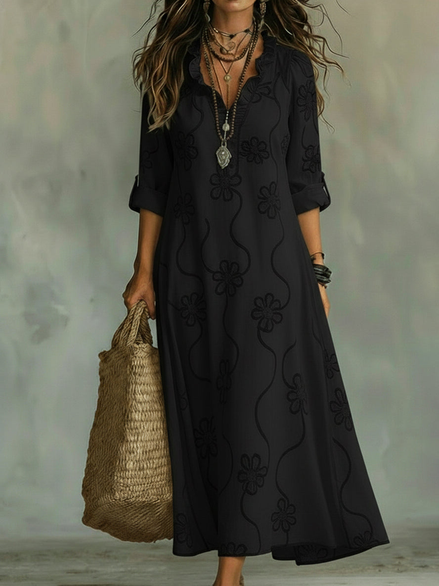 Women's Floral Embossed Maxi Dress Ruffle Collar
