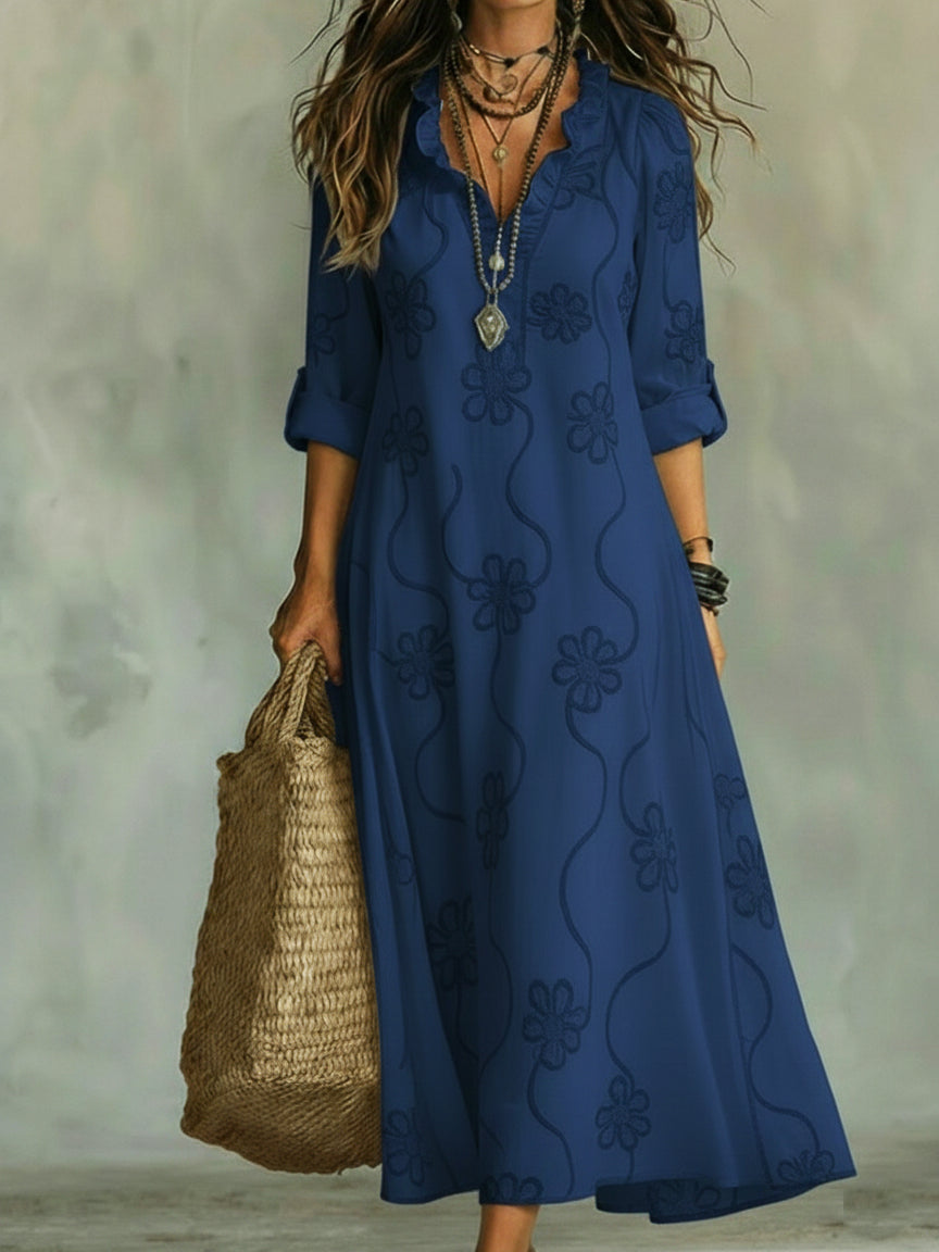 Women's Floral Embossed Maxi Dress Ruffle Collar