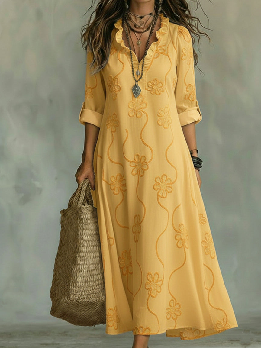 Women's Floral Embossed Maxi Dress Ruffle Collar