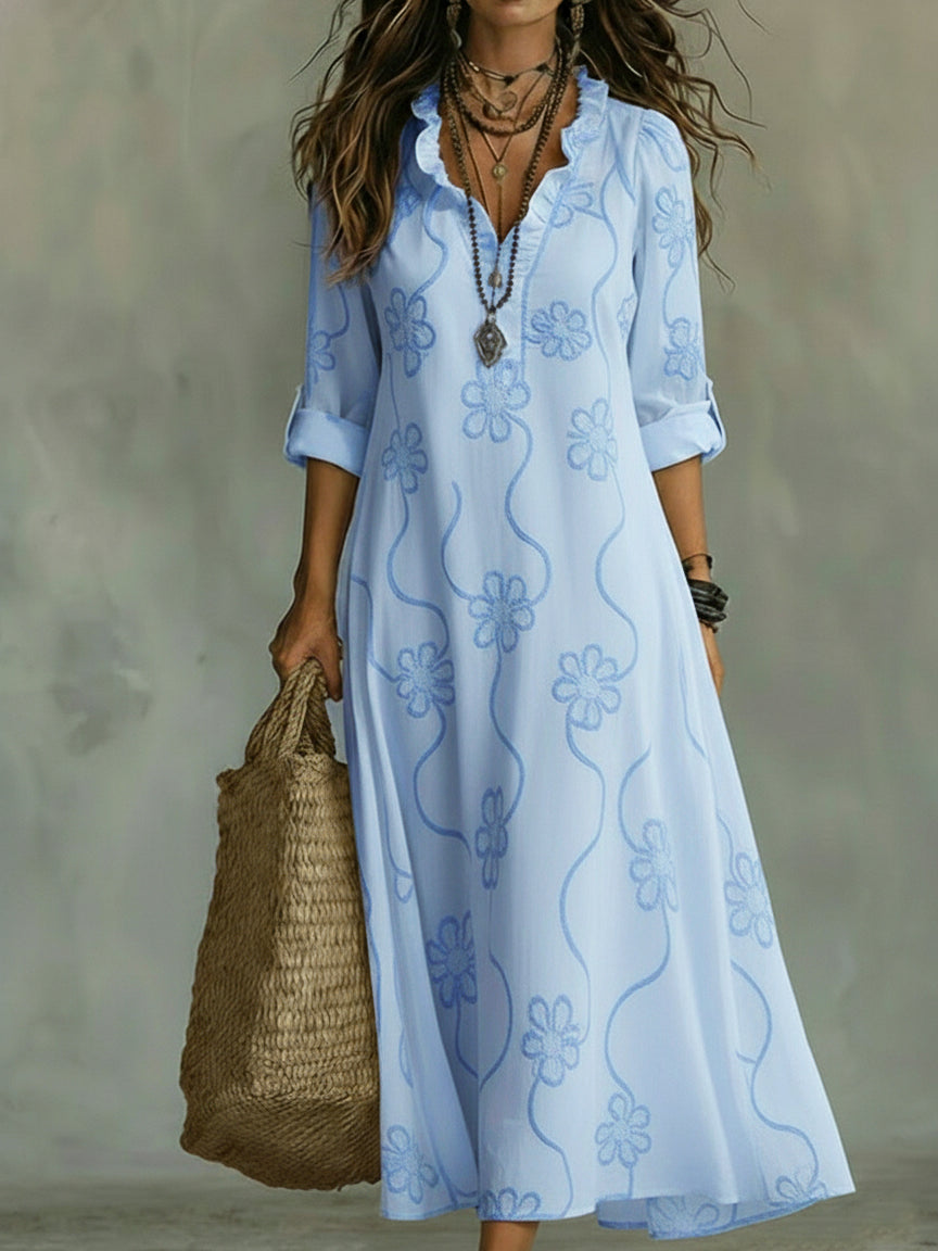 Women's Floral Embossed Maxi Dress Ruffle Collar