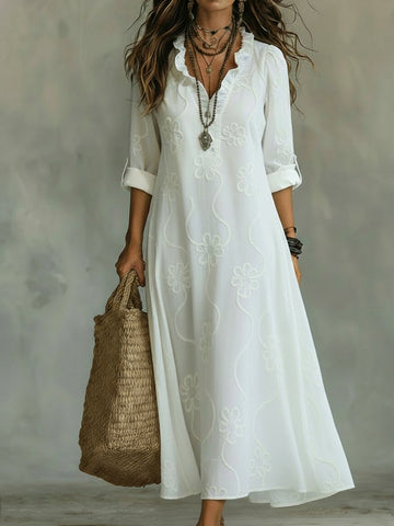 Women's Floral Embossed Maxi Dress Ruffle Collar