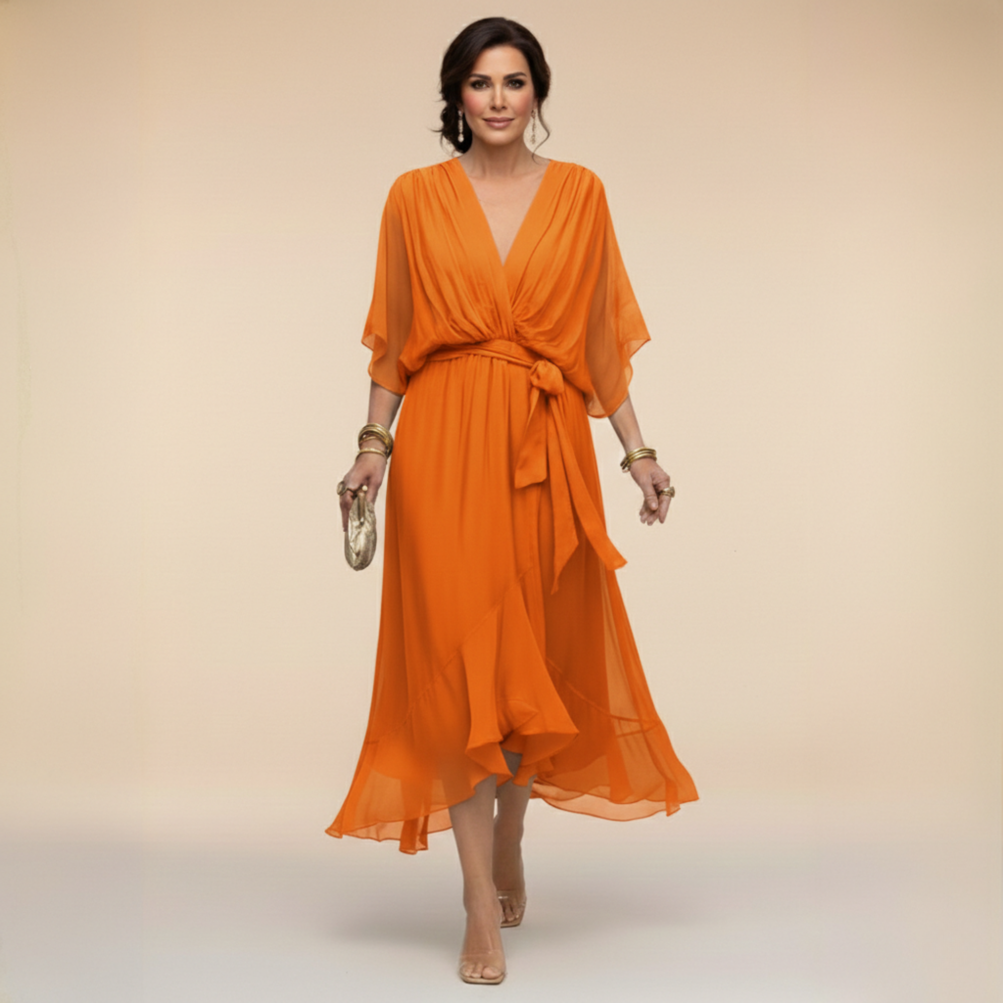 Women's Chiffon Midi Dress Wrap Style V-Neck