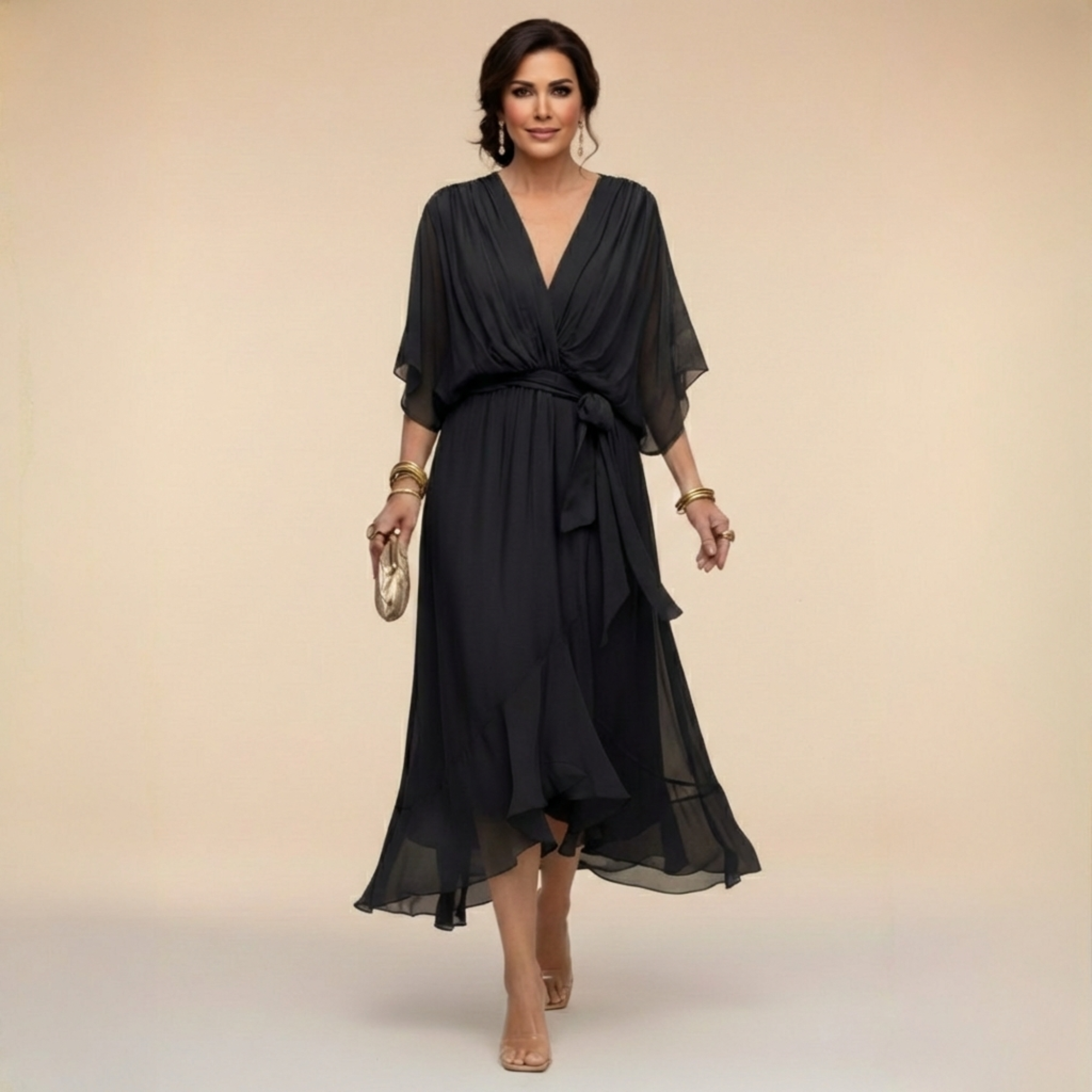 Women's Chiffon Midi Dress Wrap Style V-Neck