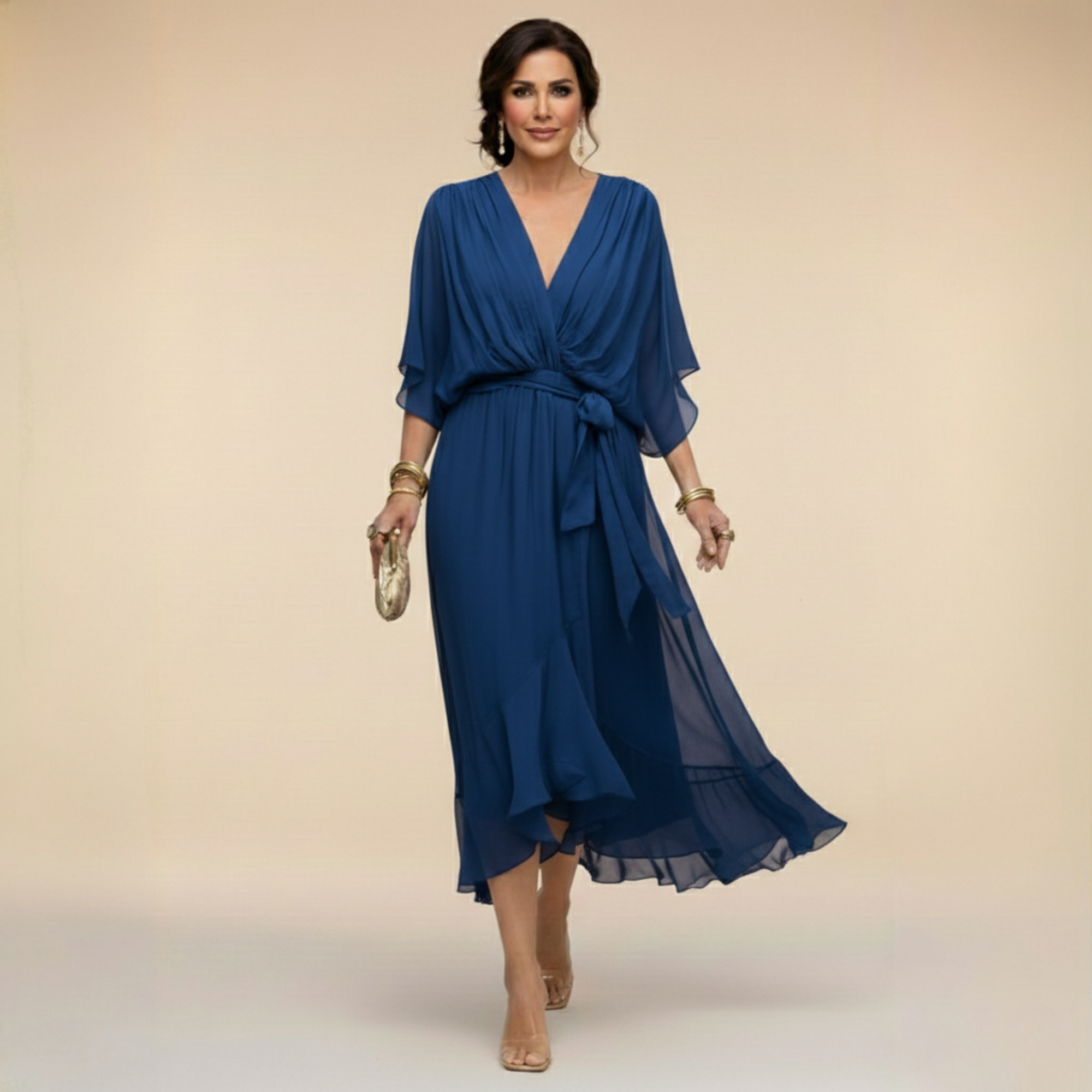 Women's Chiffon Midi Dress Wrap Style V-Neck