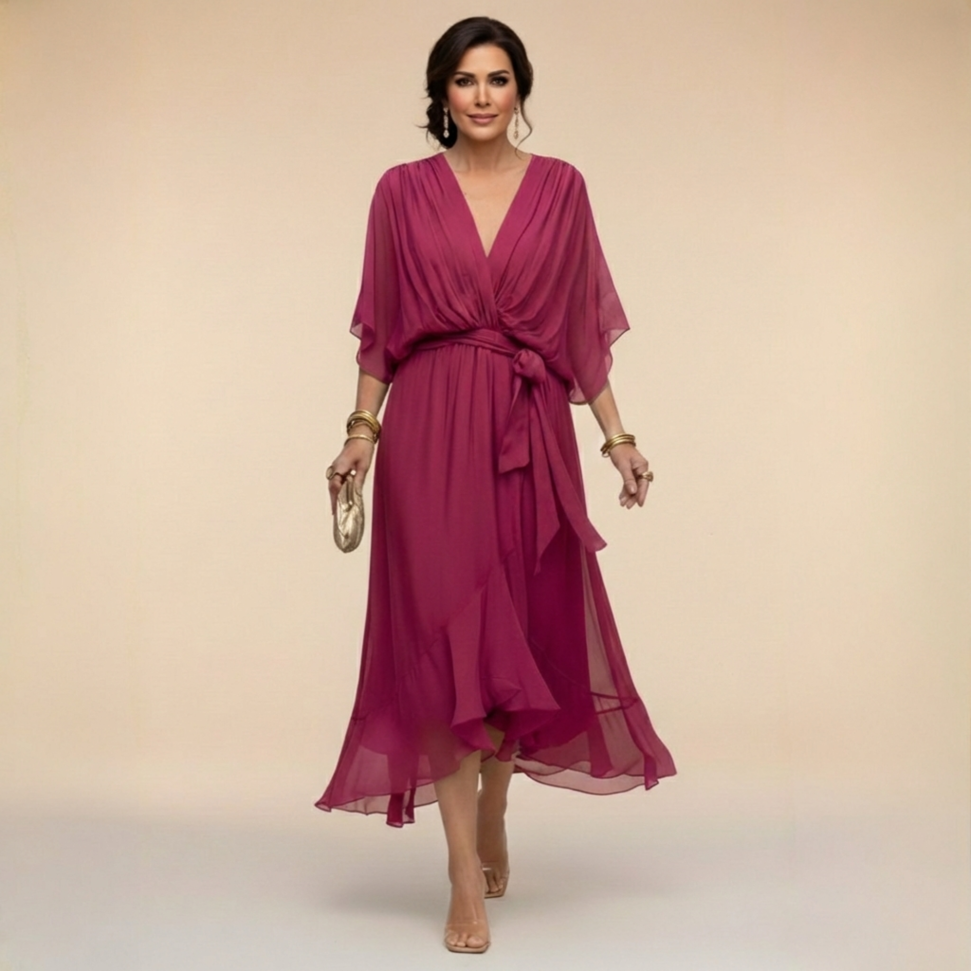 Women's Chiffon Midi Dress Wrap Style V-Neck