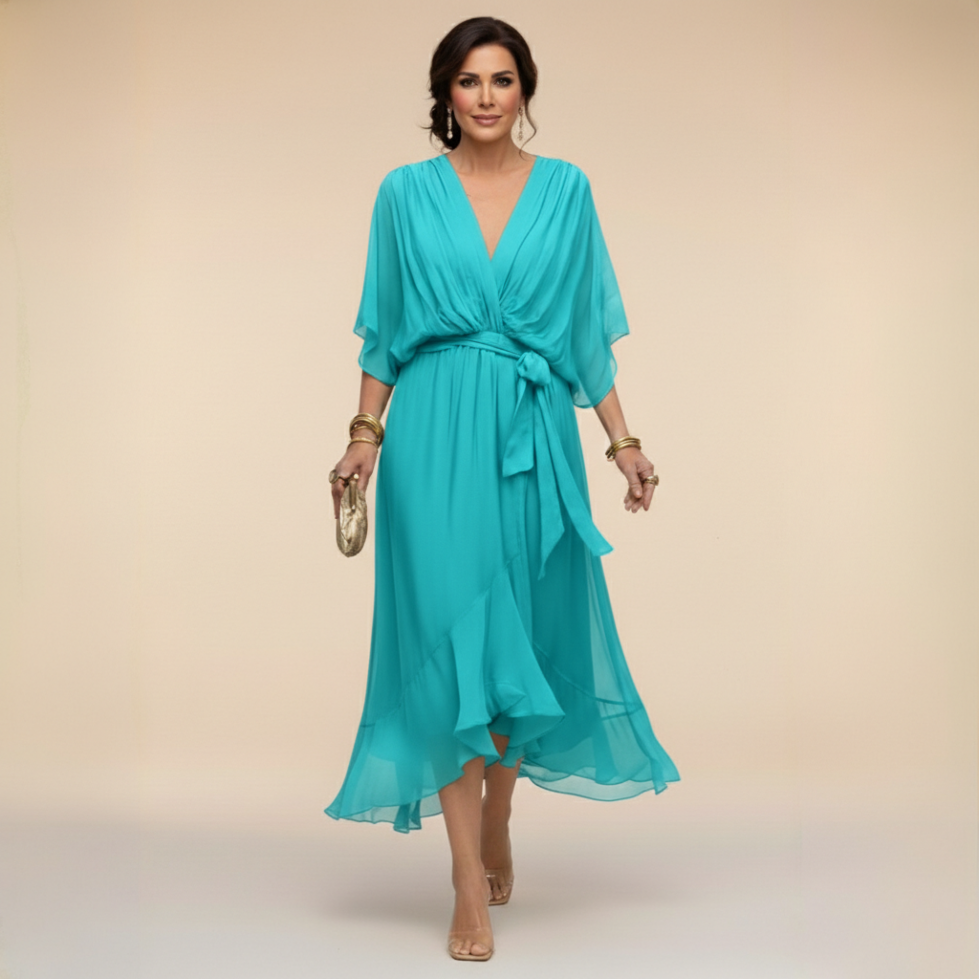 Women's Chiffon Midi Dress Wrap Style V-Neck
