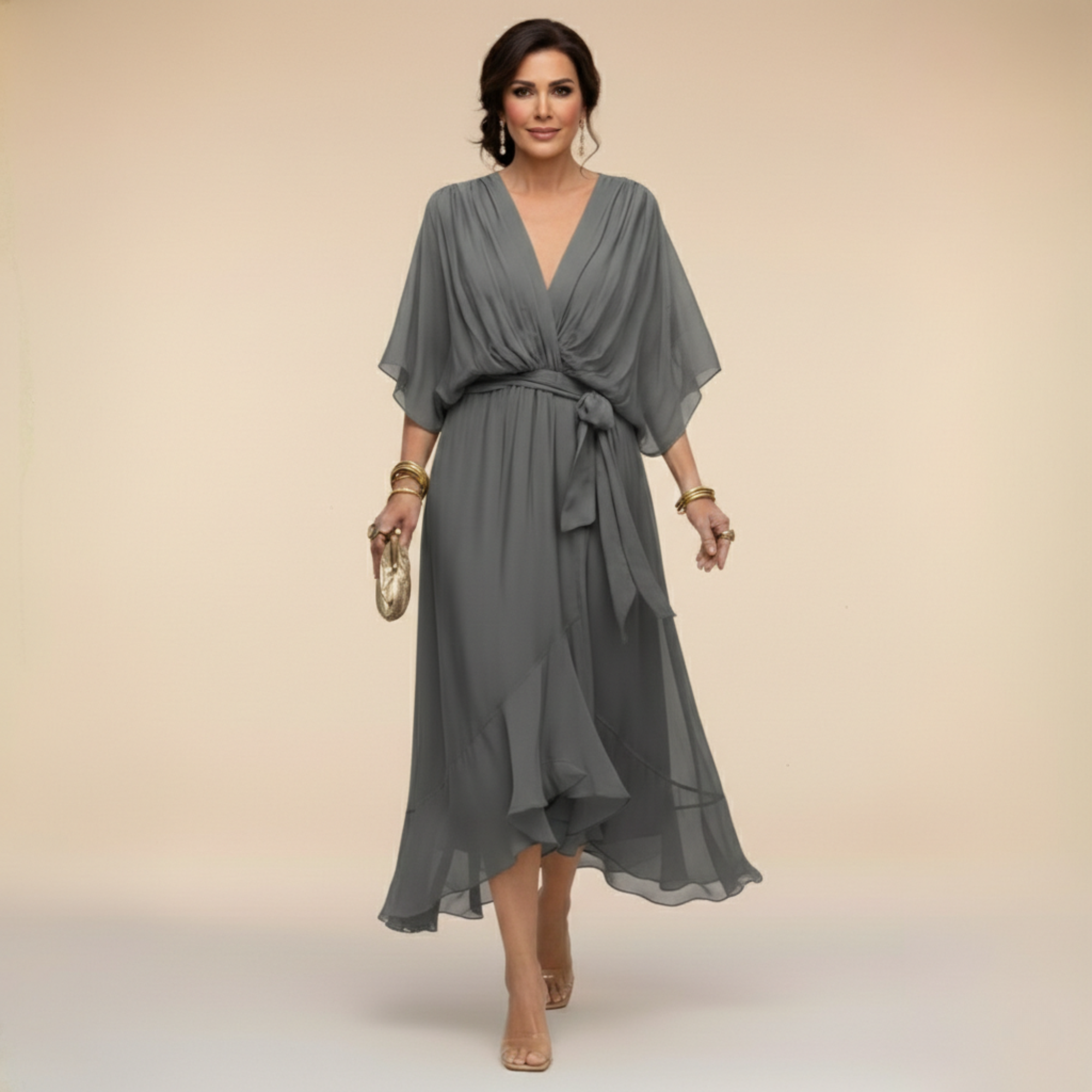 Women's Chiffon Midi Dress Wrap Style V-Neck
