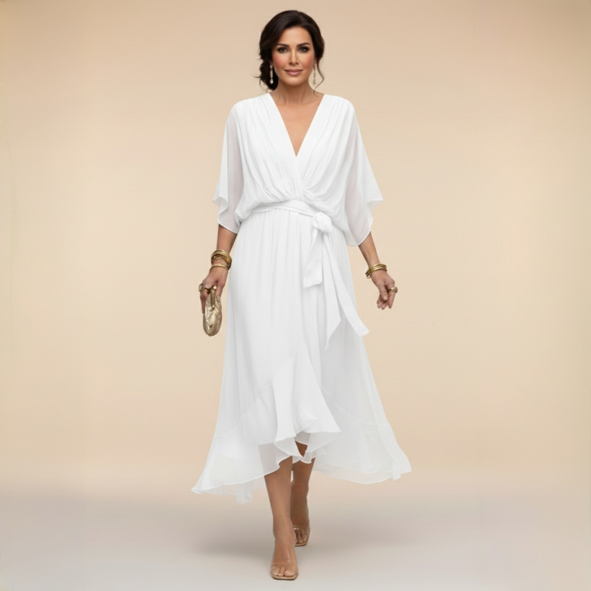 Women's Chiffon Midi Dress Wrap Style V-Neck