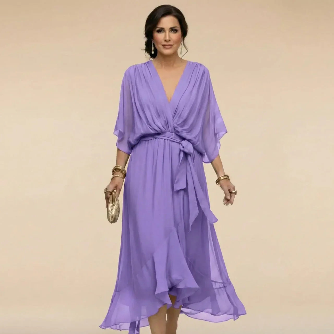 Women's Chiffon Midi Dress Wrap Style V-Neck