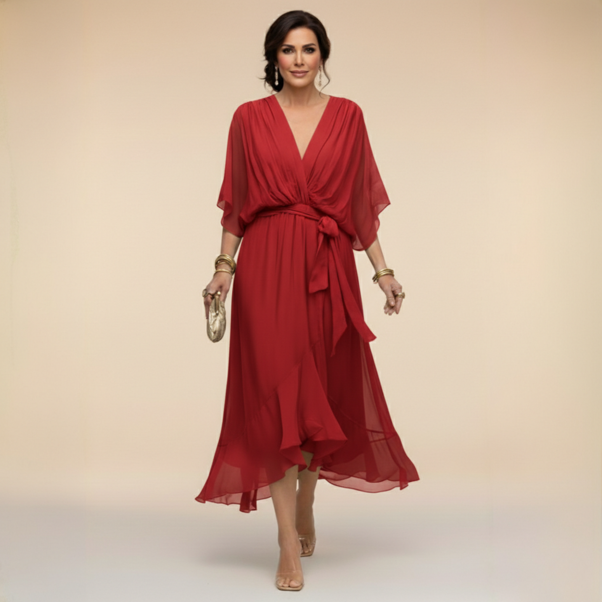 Women's Chiffon Midi Dress Wrap Style V-Neck